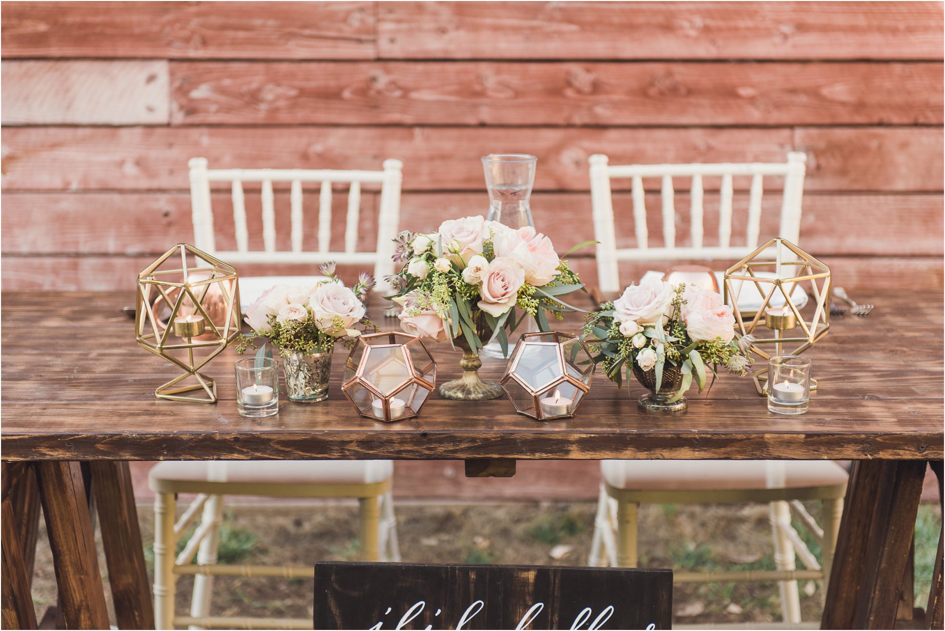 geometric shapes intermingled with flowers and chairs at a sweetheart table during a topanga canyon wedding