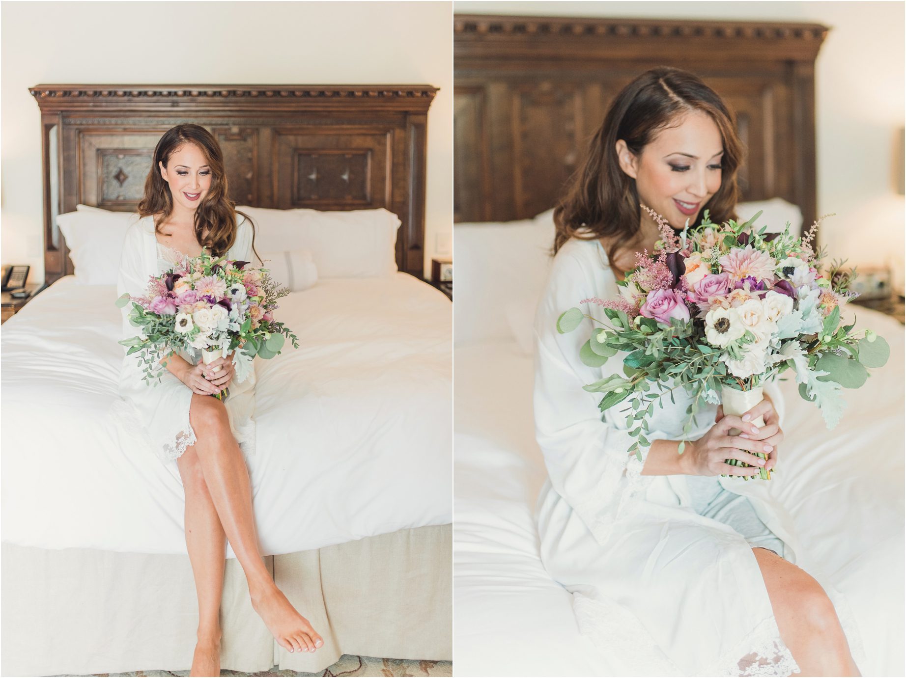 A bride holds her bouquet while getting ready for her purple watercolor wedding