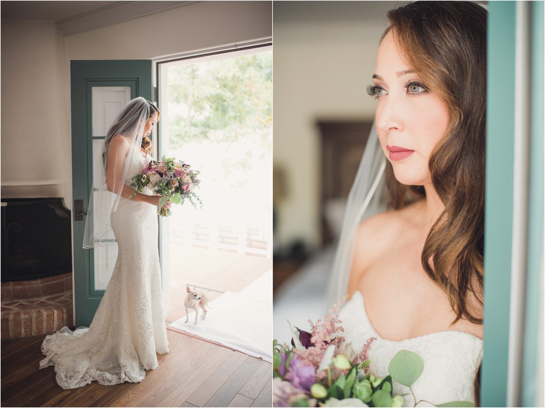 A bride poses with her chihuahua in front of a green door in Santa Monica