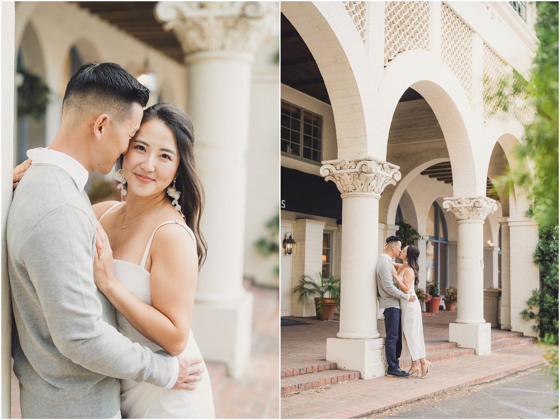 A couple poses under arches at Malaga Cove Plaza in Southern California mini sessions