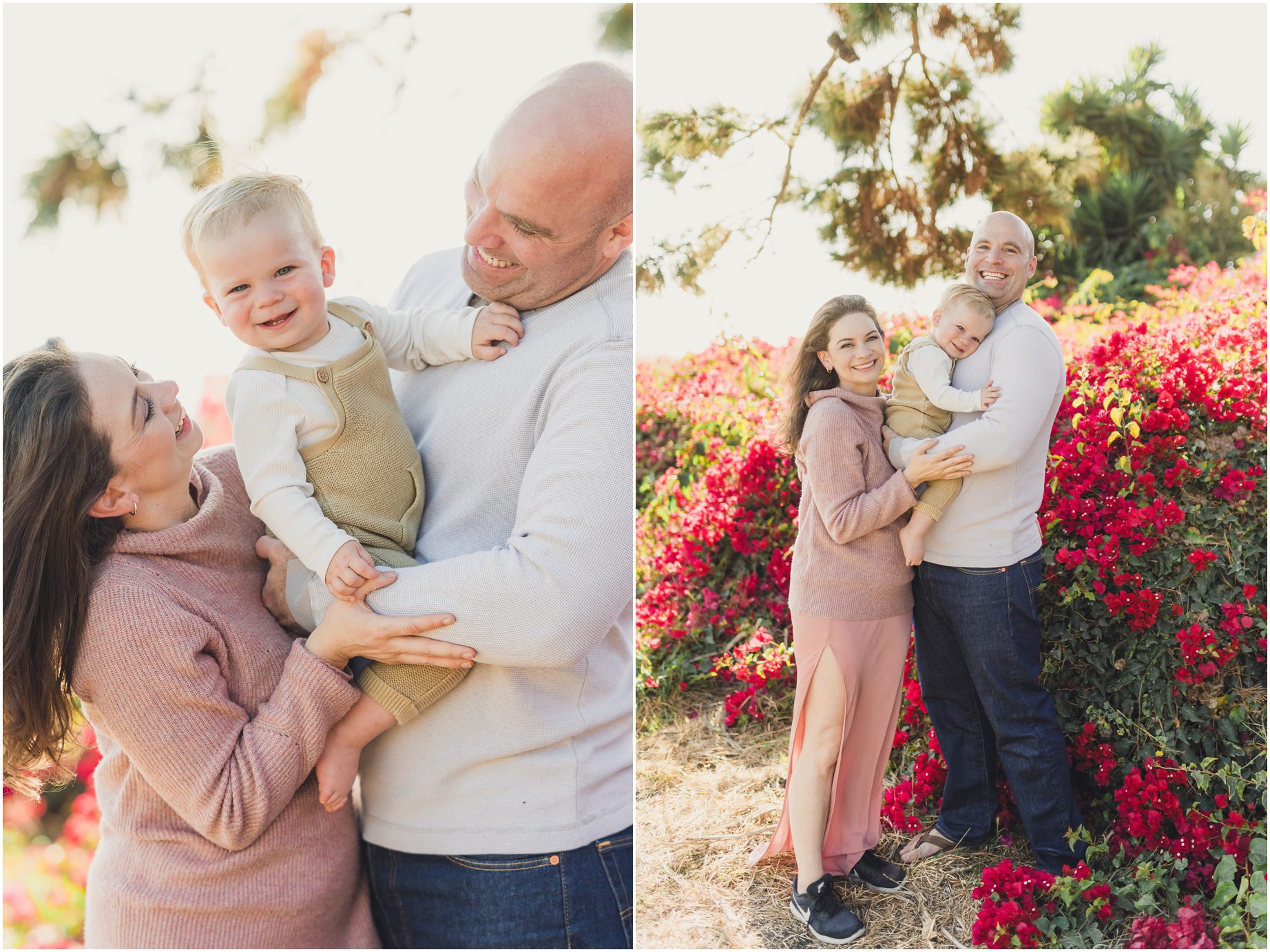 A family poses with their baby near bougainvillea in PALOS VERDES, California
