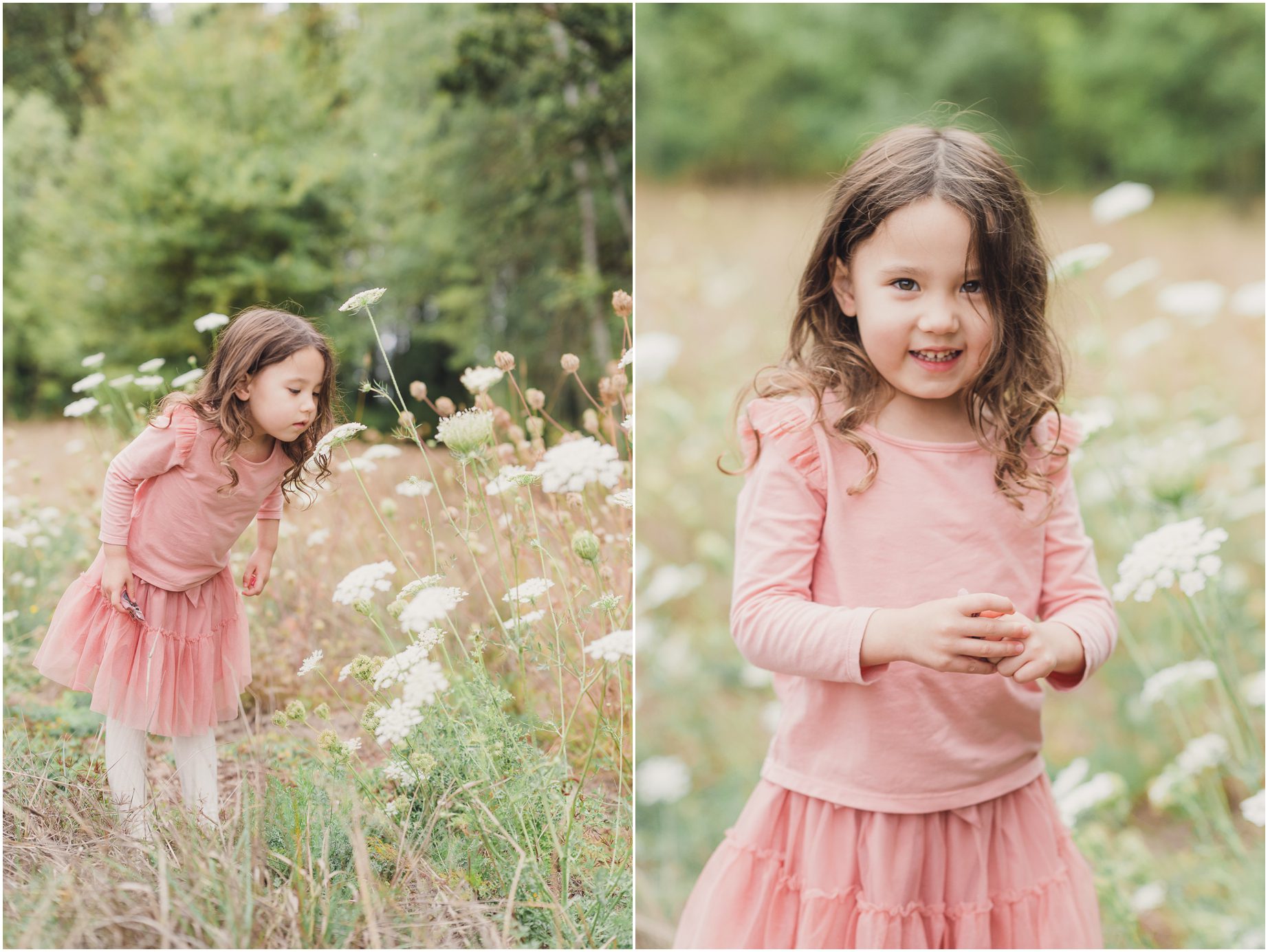 A young girl in a field of queen anne's lace at her Tigard Family Photo Session