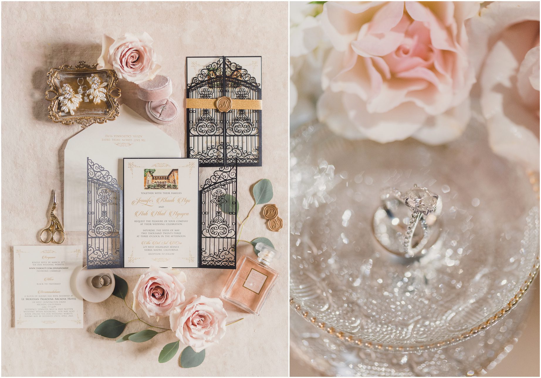 A flat lay featuring wedding invitations to a Villa del sol d'Oro Socal wedding. the invitations feature a wrought iron gate that mirrors the gate at Villa del sol d'Oro, and a painting of the venue. There is also a photograph featuring the wedding rings in a bowl, flanked by pink flowers
