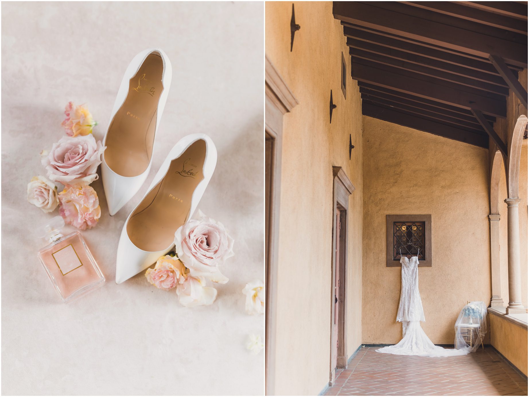 White wedding shoes and pink flowers with perfume, styled by sun and sparrow photography for a wedding at Villa del sol d'Oro. On the right a wedding dress hangs before the wedding