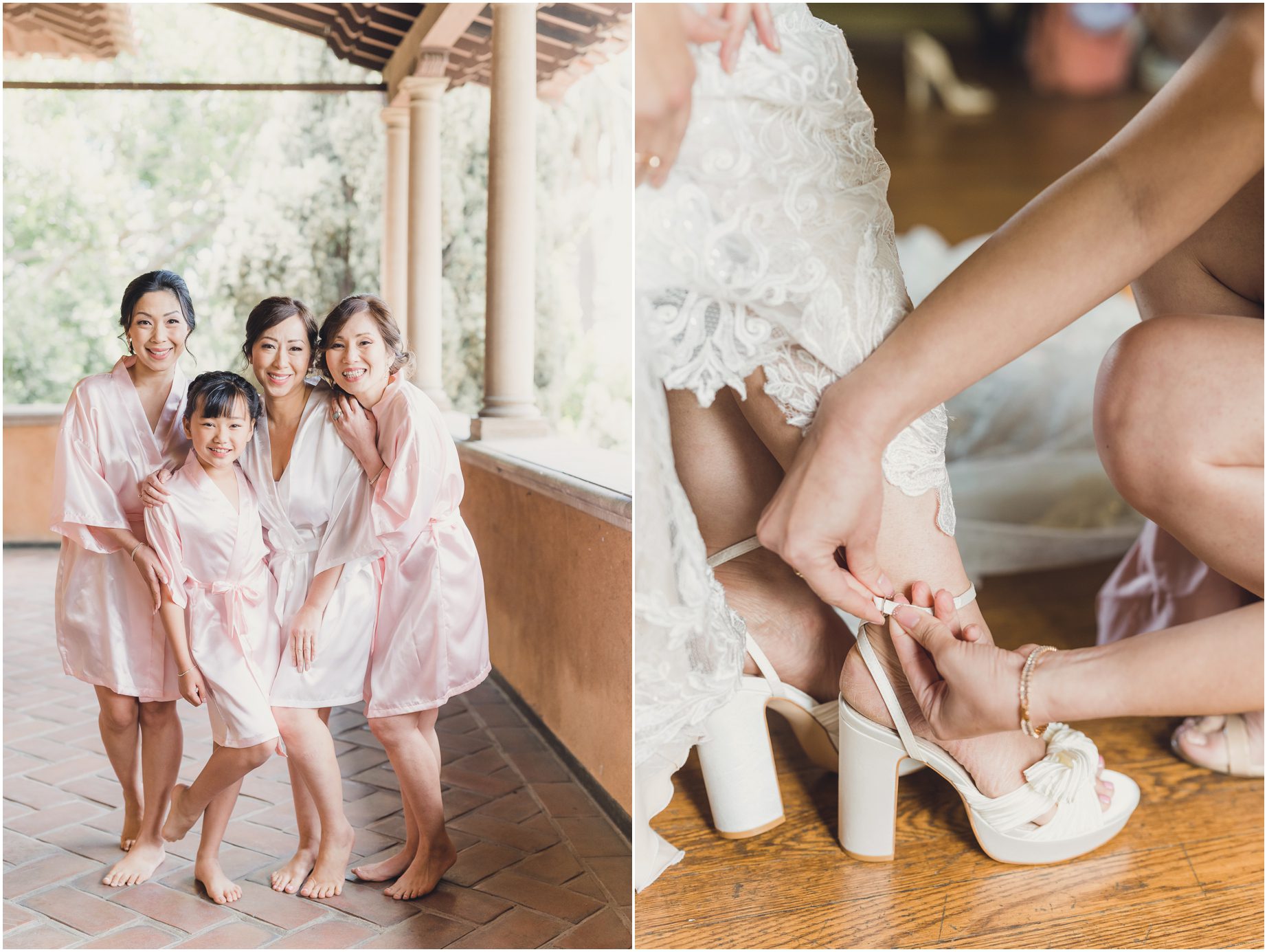 A bride poses with her bridesmaids on a balcony at villa del sol d'Oro and a bridesmaid helps the bride buckle her shoes before her wedding. Photographs by sun and sparrow