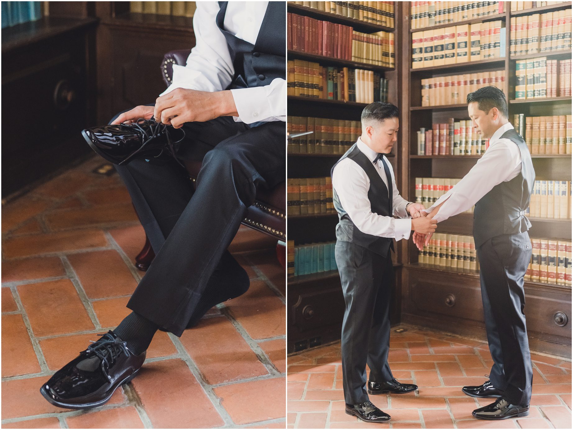 A groom and a groomsmen get ready for the wedding in the library in at villa del sol d'Oro. The groom puts on his shoes and his groomsman helps him put on his cufflinks