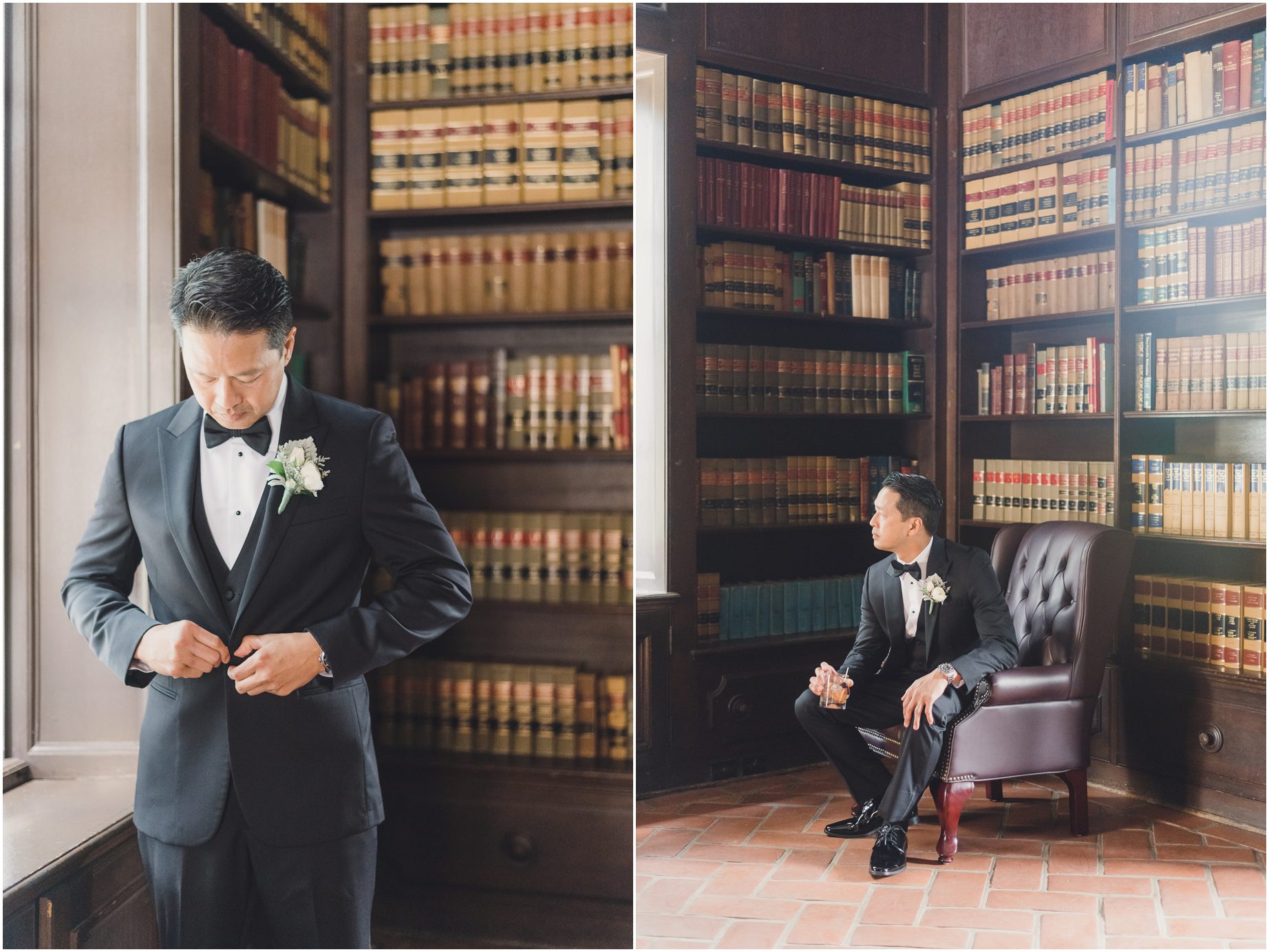 A groom gets ready for his wedding in the library at Villa del sol door