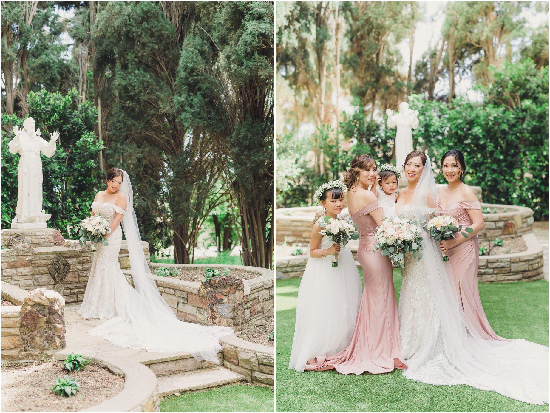 The bridesmaids pose and the bride stands elegantly in front of a statue of St Francis
