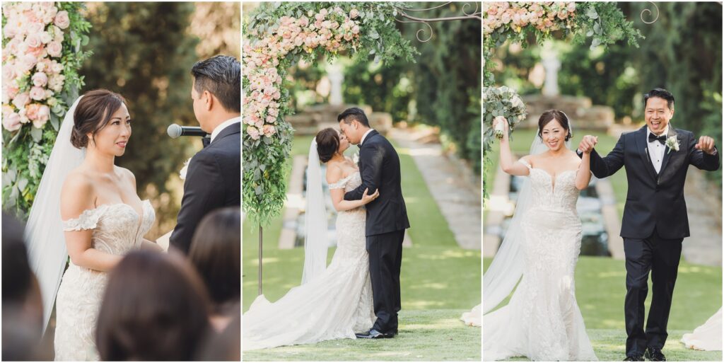 A bride and groom kiss at their ceremony at villa del sol d'oro