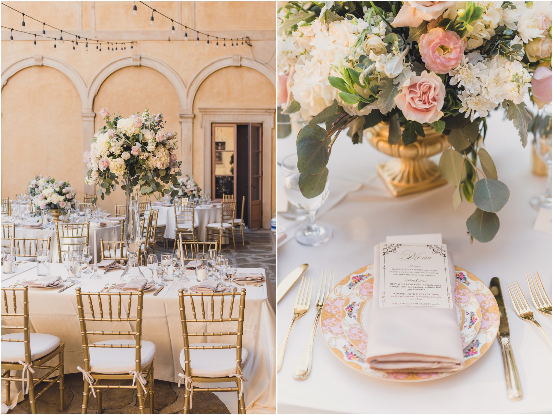 beautiful reception at Villa del sol d'Oro, featuring white and pink flowers, golden chairs, classic archways, and whimsical place settings