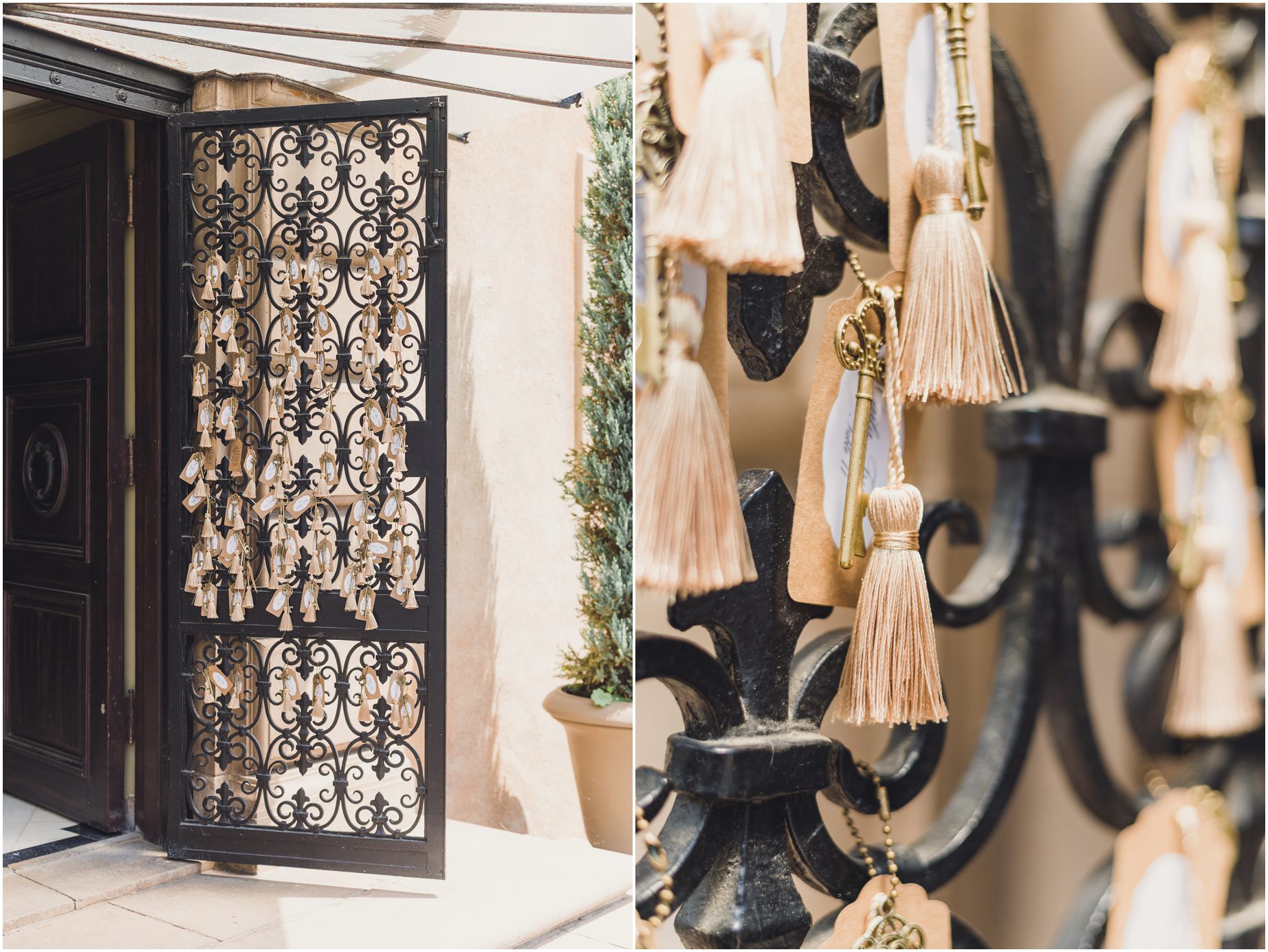 Seating tags for a wedding at Villa del sol d'Oro featuring keys and tassels hanging on a wrought iron door