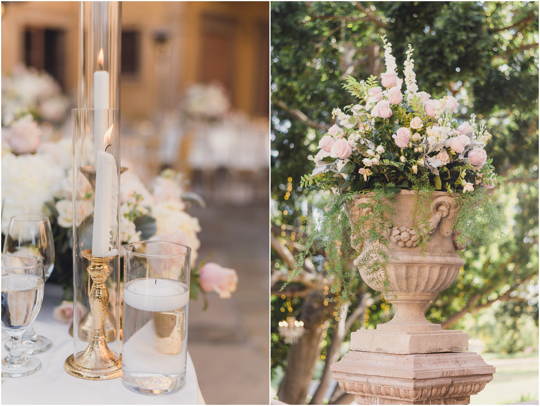 Wedding details: a cake, keys, and an invitation at a table at Villa del sol d'Oro