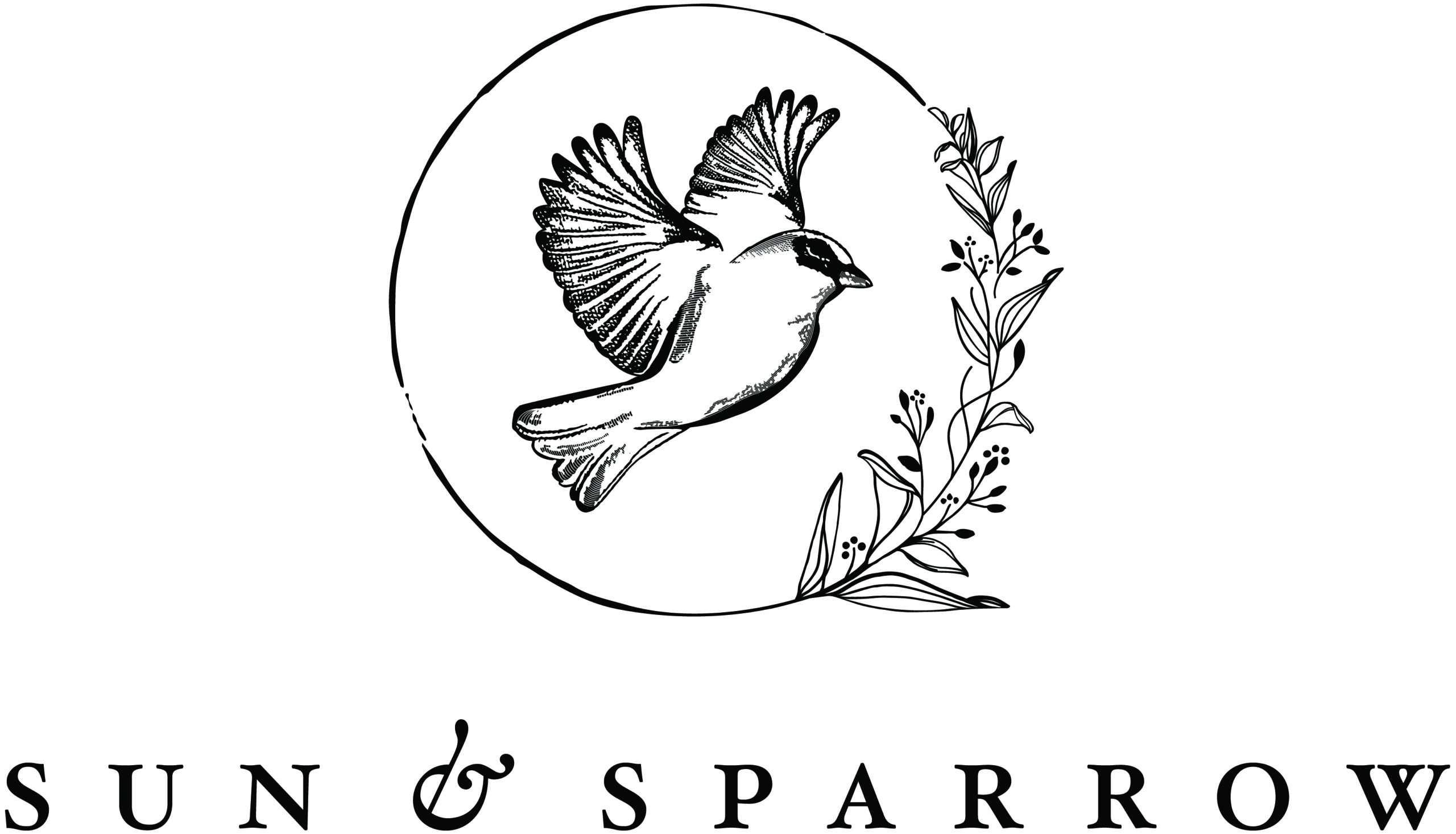 Sun and Sparrow Photography Logo: A Sparrow in a circle with ornamental flowers. the words Sun & Sparrow sit below.