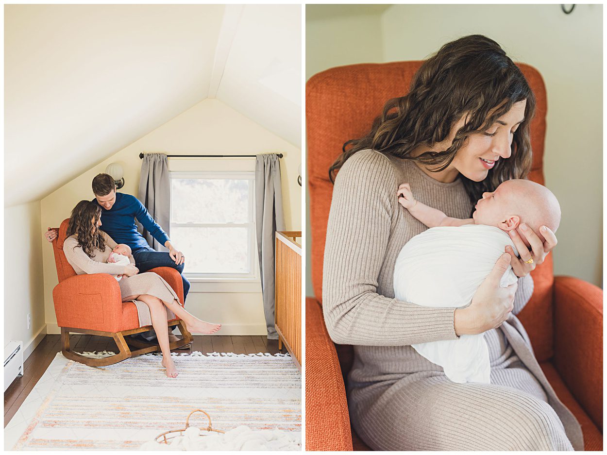 In two pictures a mother and father sit on a salmon colored rocking chair, holding their newborn baby. The mother is sitting directly on the chair with her legs crossed while the father leans in from the left arm of the chair. The photograph on the right features the mother looking lovingly at her newborn, as the child puts their hand on her shoulder. The mother's hair is curled.
