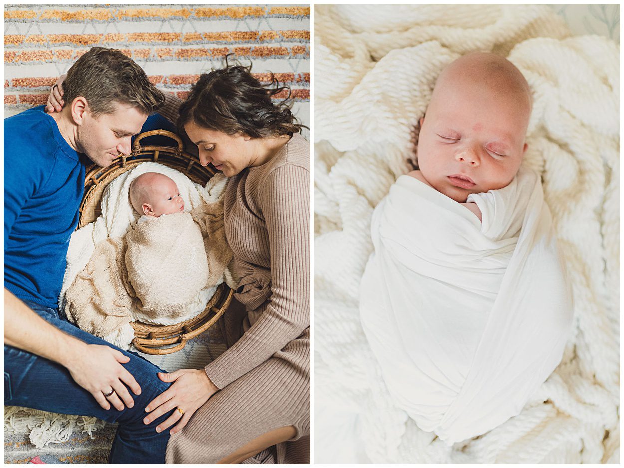 Two photographs: The photograph on the left features a newborn child in a basket, wrapped in snuggly blankets as its mom and dad lay next to it and look on in amazement. On the right the infant is featured, sleeping in a white wrap, laying on a comfortable white blanket. Portland Newborn photography by Sun and Sparrow