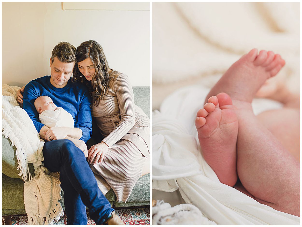 A father holds his newborn during their in-home newborn photoshoot in Portland Oregon as a mother looks at the child and rests her arm on the father's shoulder. In the photograph on the right the newborn's feet are featured with a cute white blanket