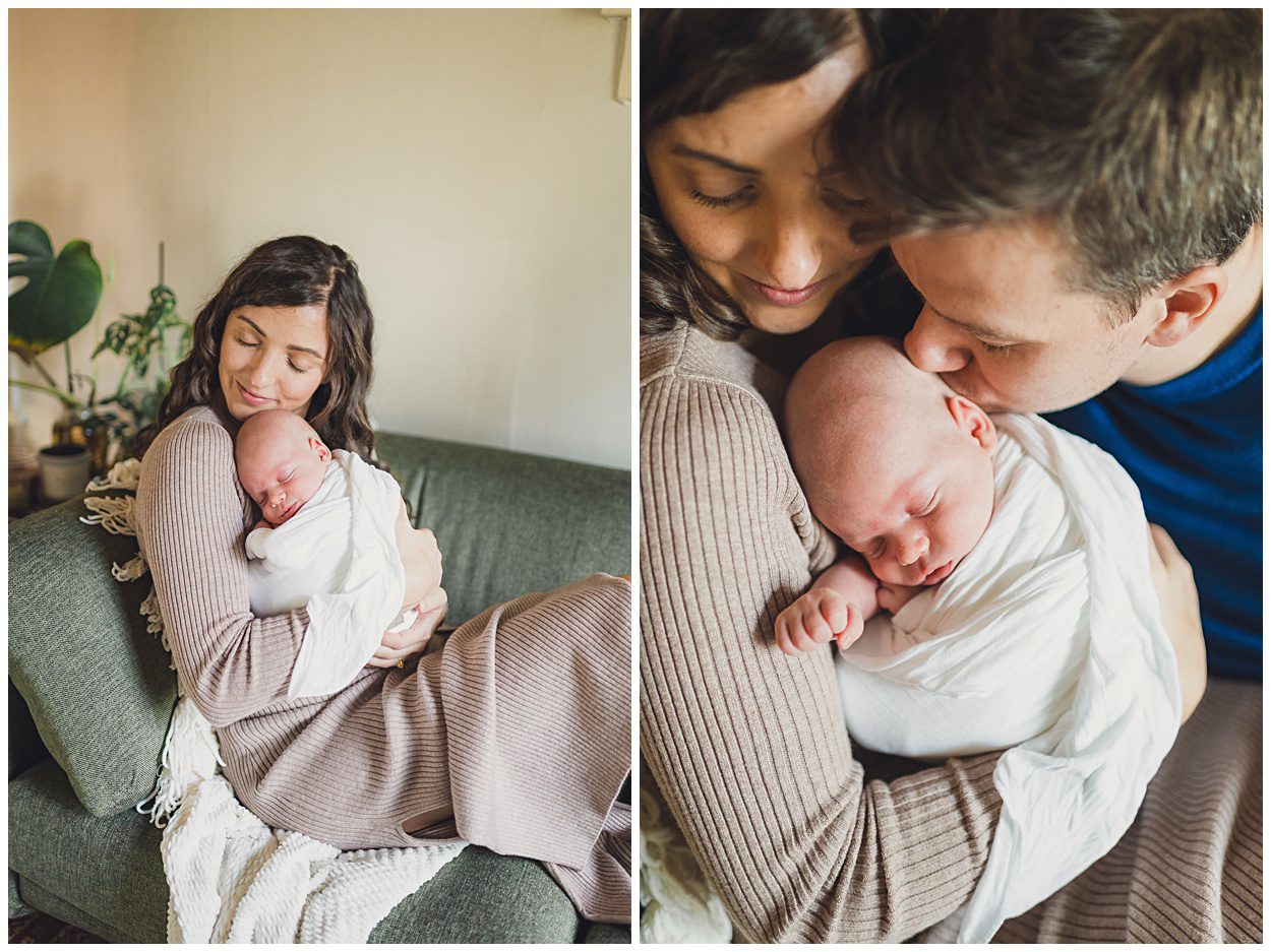 Two pictures side by side: A mama holds her baby tightly, closing her eyes in love while sitting on the couch. A tropical plant rests behind her on a side table. In the photograph on the right a mother looks lovingly at her child as she holds her tight and the father leans in to kiss the baby's head.