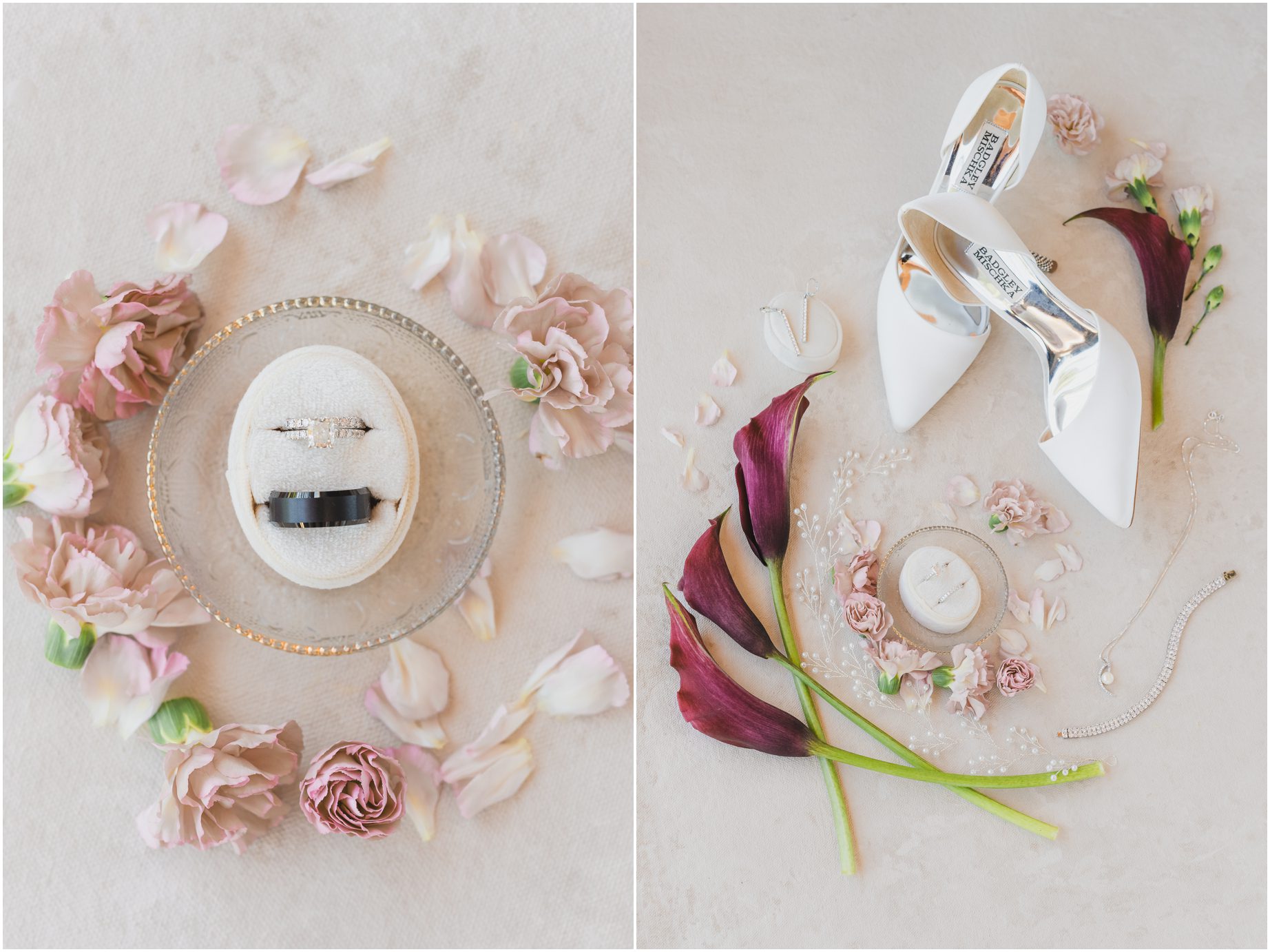 Wedding details featuring wedding rings, pink and white carnations, and white badgley Mischka wedding shoes