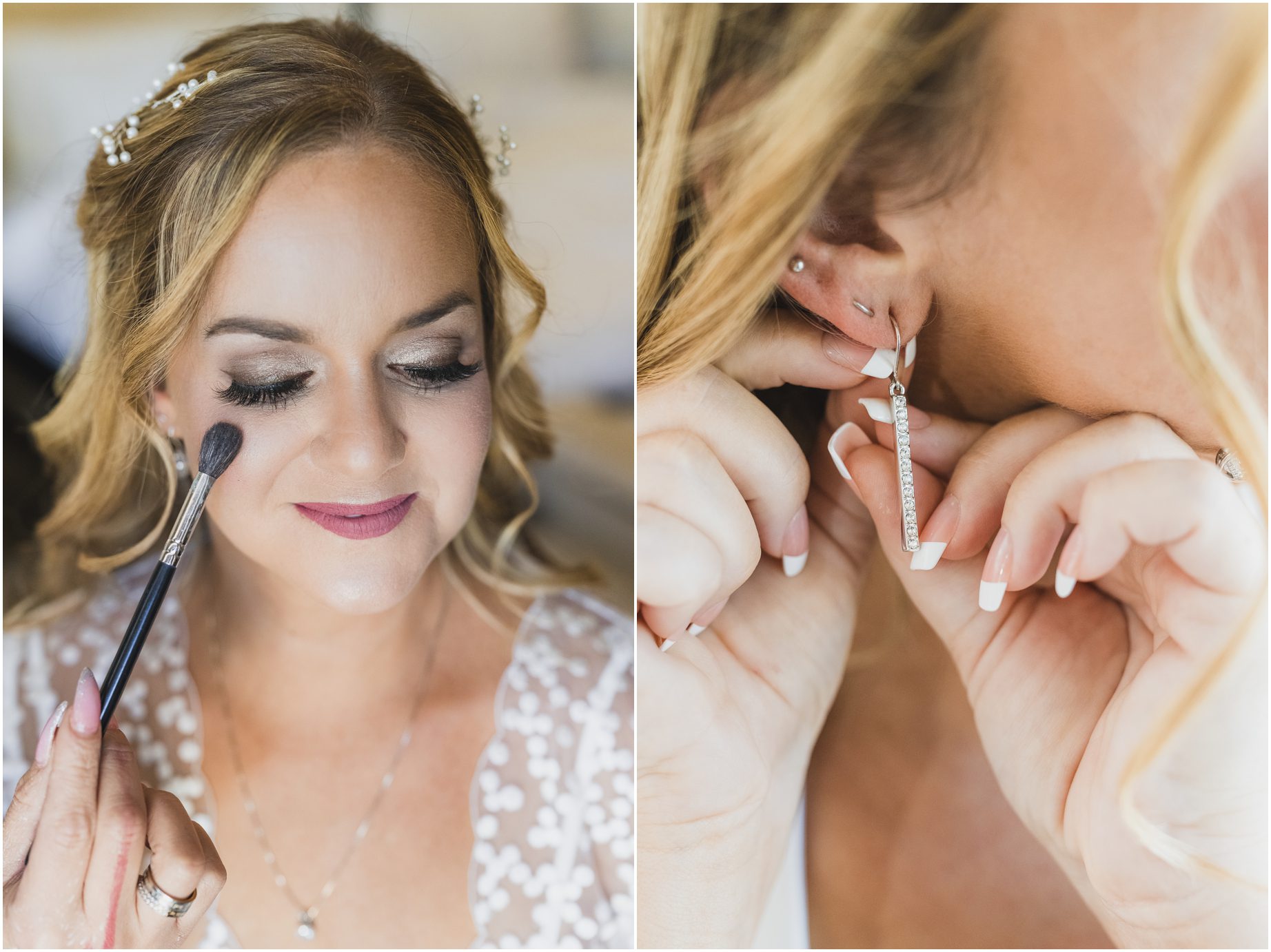 A bride gets ready for her Malibu West Beach club wedding by putting on makeup and earrings