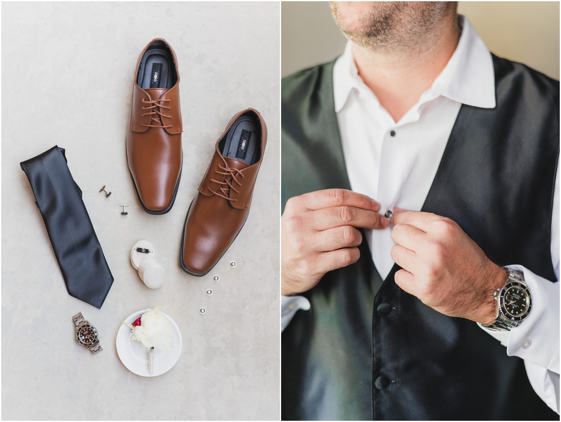 Groom details featuring a black tie, white shoe, brown shoes, and a Rolex watch