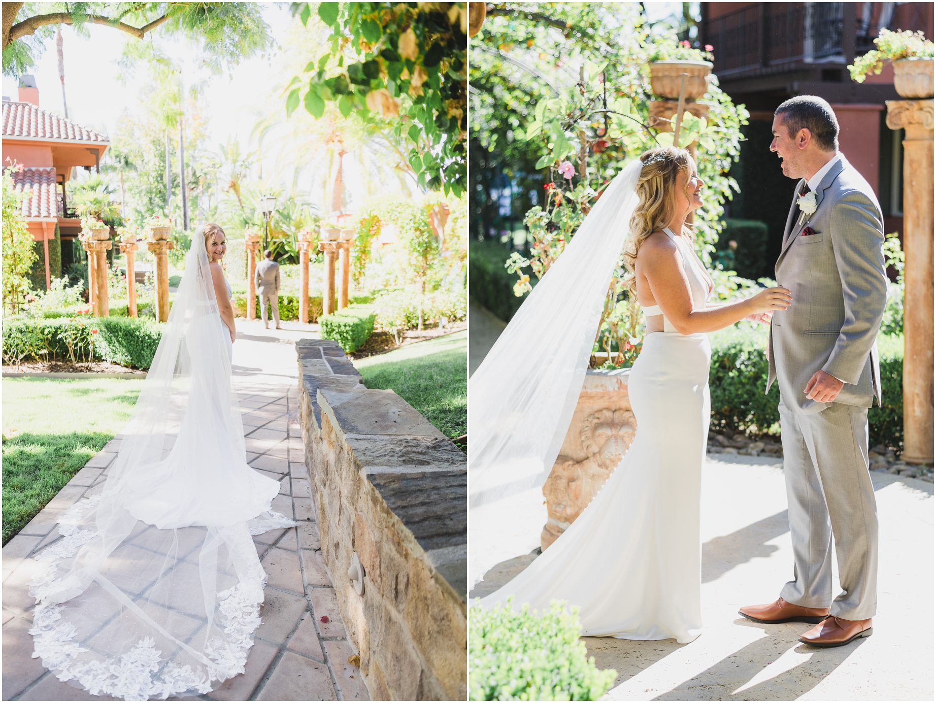 A bride and groom share a first look at Westlake village in before their wedding