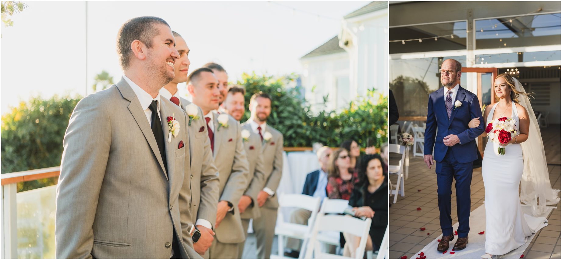 A groom watches the bride walk down the aisle at a sunset beach wedding at Malibu west beach club
