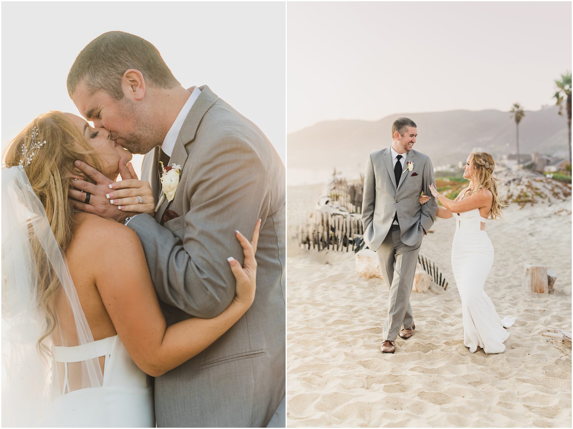 Couples portraits of a bride and groom on the beach in front of Malibu west beach club