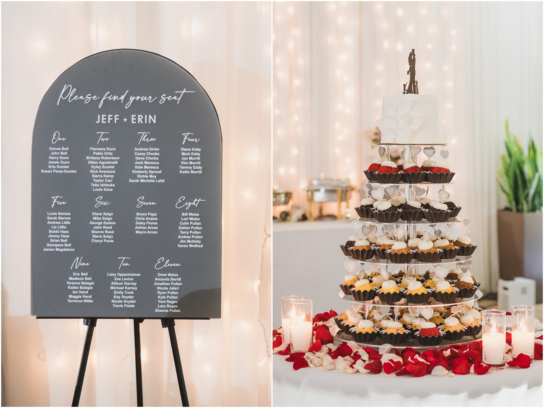 A seating chart and a wedding cake at a Malibu west beach club wedding