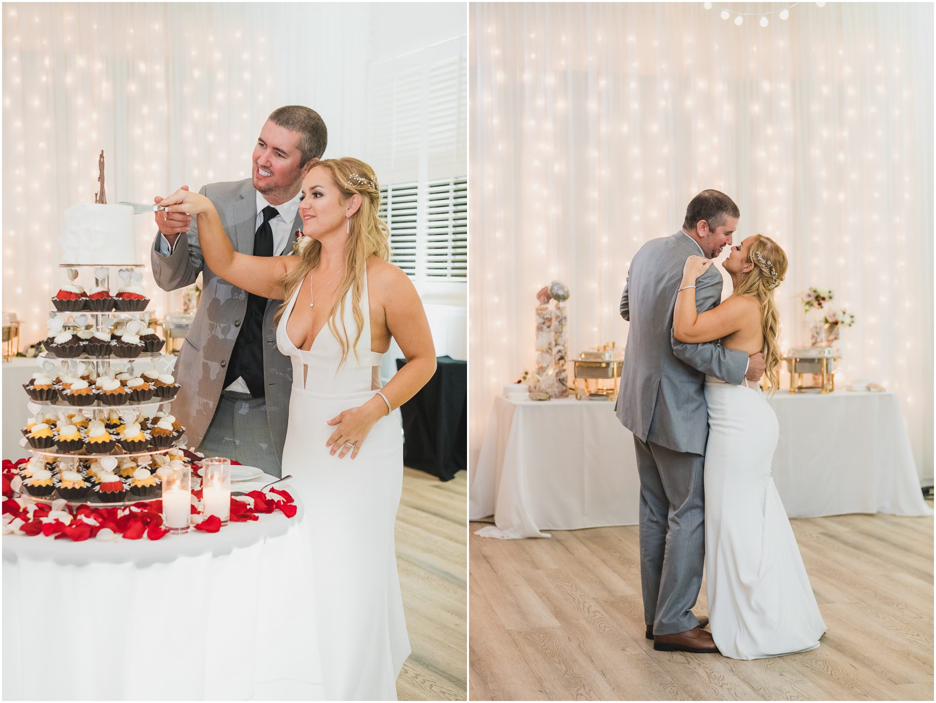 A bride and groom cut their cake and have their first dance, photographed by Malibu west beach club photographer, sun & Sparrow