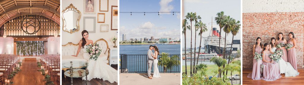 From Left To right: A Wedding Ceremony space at The Loft, Long Beach, A bride posing for a portrait at The Loft, A bride and Groom posing for couples portraits at the Reef, Long Beach, A view of the Queen Mary at the Reef, A bride and bridesmaids at the Loft