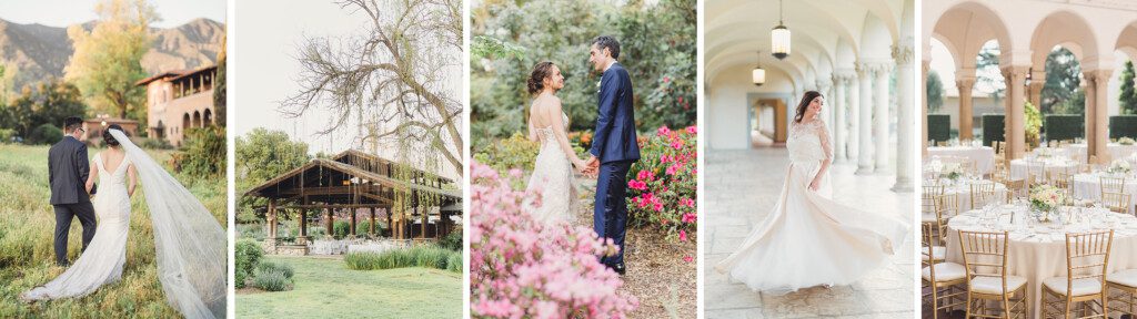 From Left To Right: A bride and groom at Villa Del Sol d'Oro, A reception space at Descanso Gardens, A bride and groom at Descanso Gardens, A bride at the Athaeum, the reception space at the Athenaeum