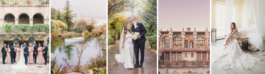 From left To Right: A bridal party at the mission inn, a rowboat at serendipity, couples photos at serendipity, The front of the Mission inn, A bride getting ready for her wedding at Serendipity