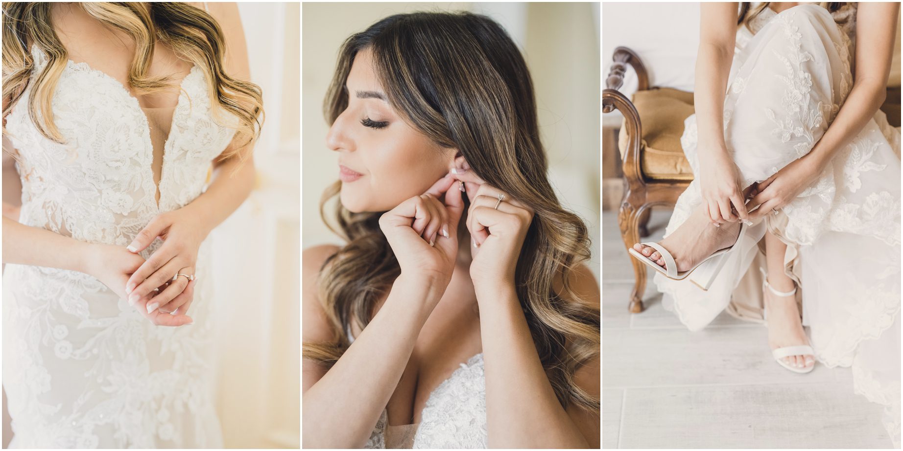 A bride and her earrings, dress, and shoes at khyra beaucrest ranch