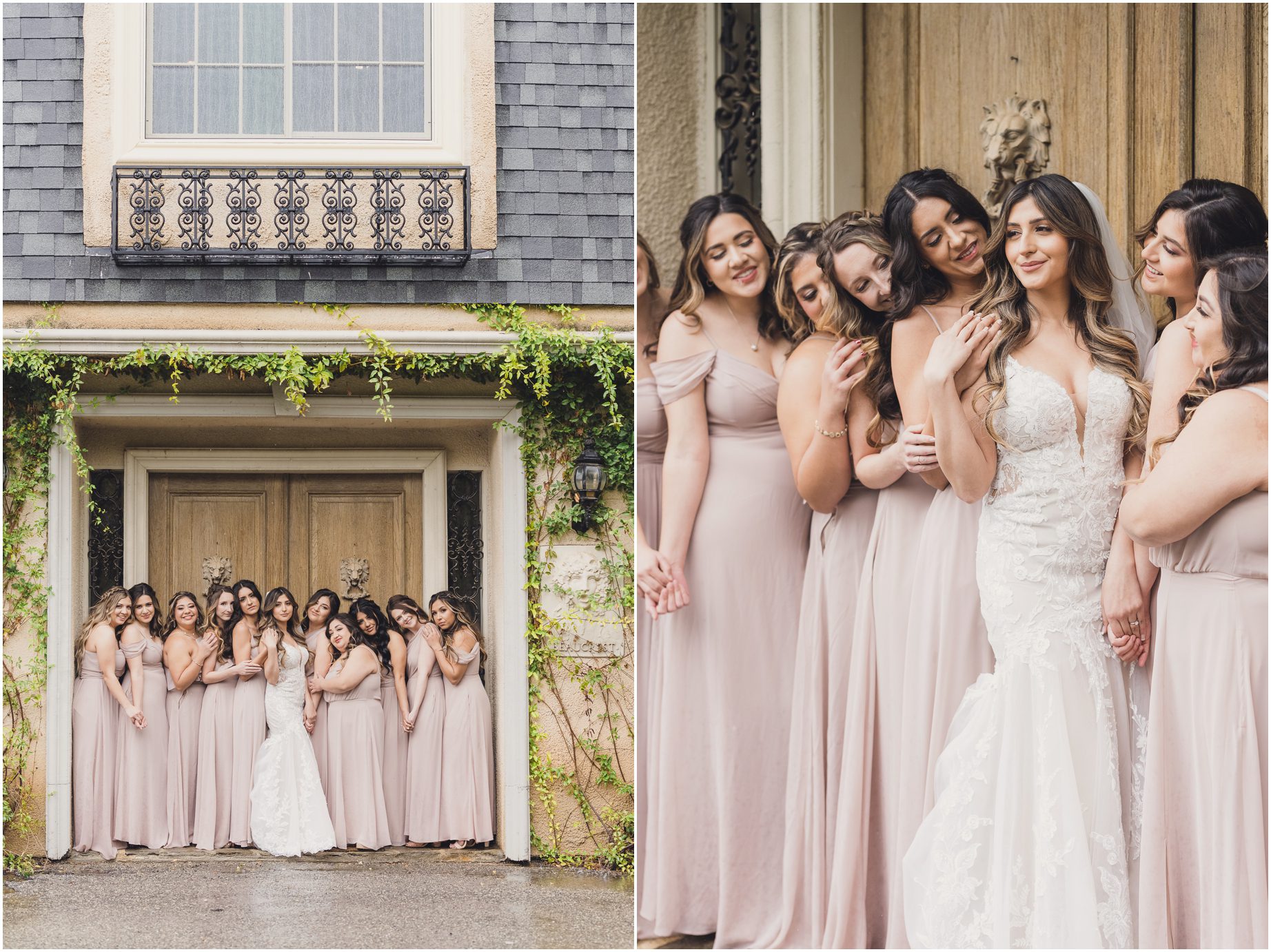 Bride and bridesmaids pose for bridal party portraits at khyra beaucrest ranch