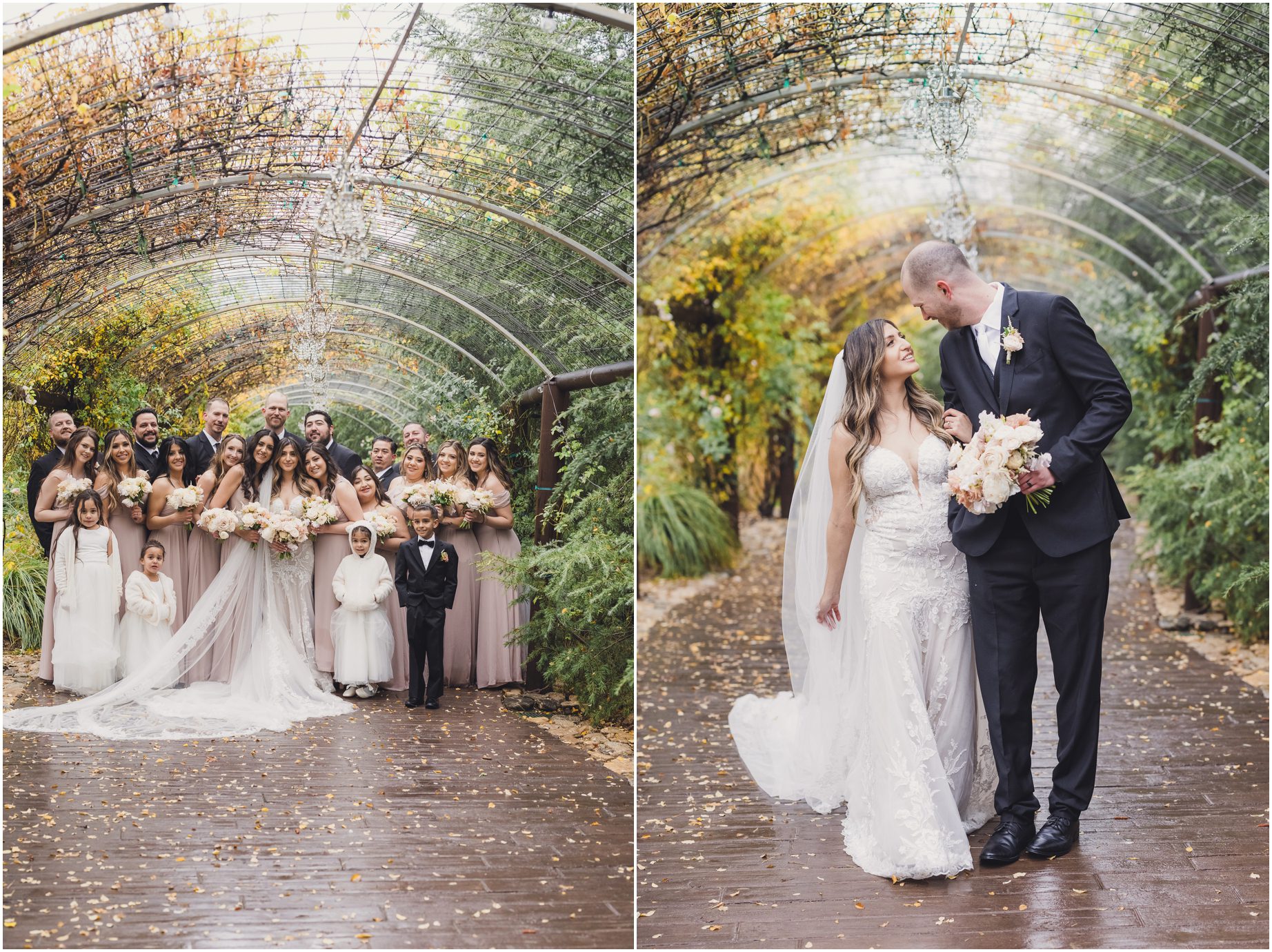 A bridal party poses at serendipity Garden Weddings