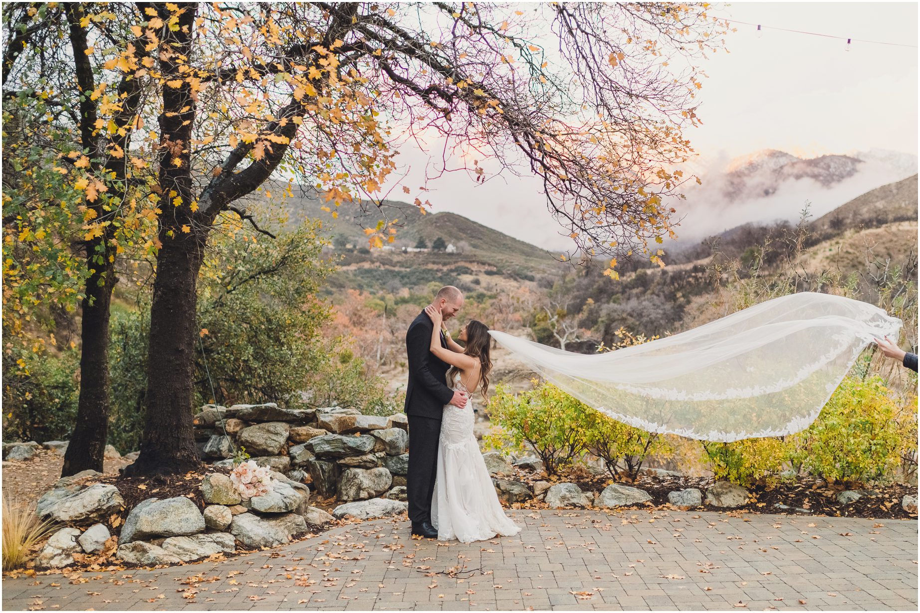 A couples portrait by Sun & Sparrow featuring Serendipity Garden Weddings. The bride's veil soars in the wind