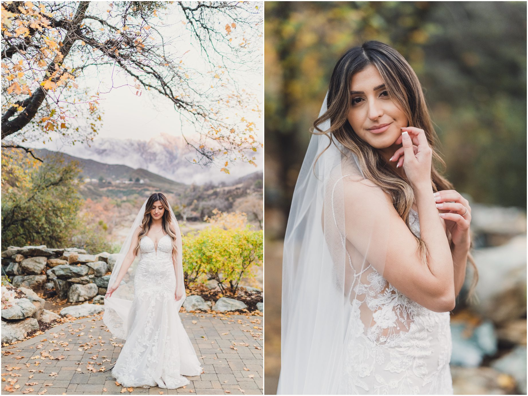 A bride stands elegantly near trees and bushes in Oak Glen