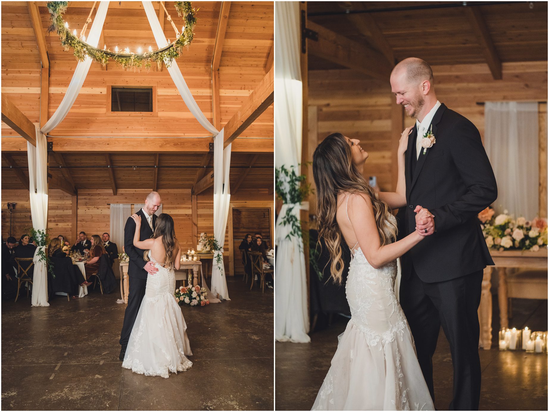 A bride and groom have their first dance at their Oak Glen wedding