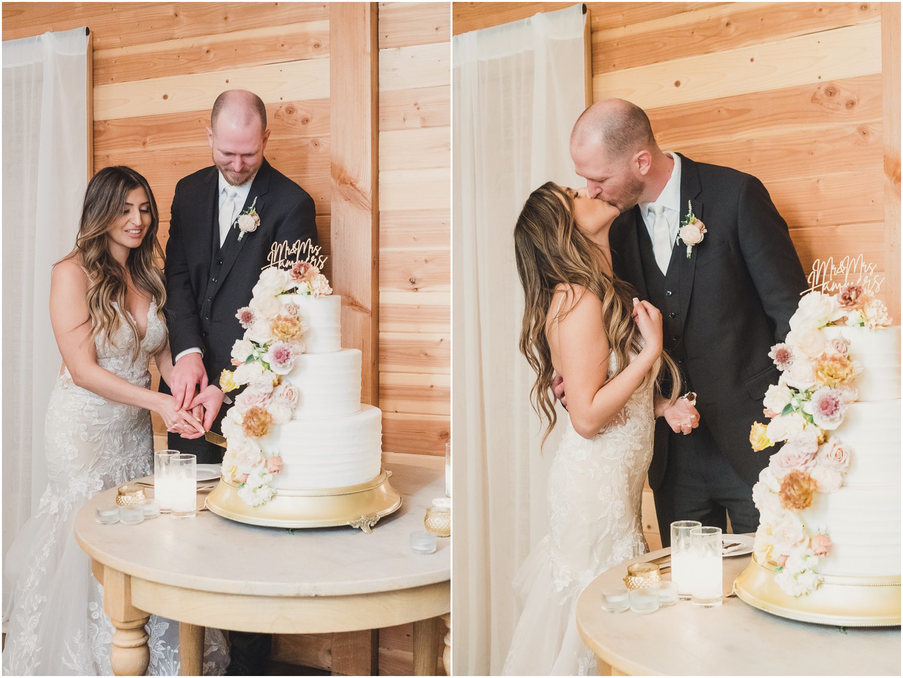 A bride and groom cut their cake and kiss during their Oak Glen wedding