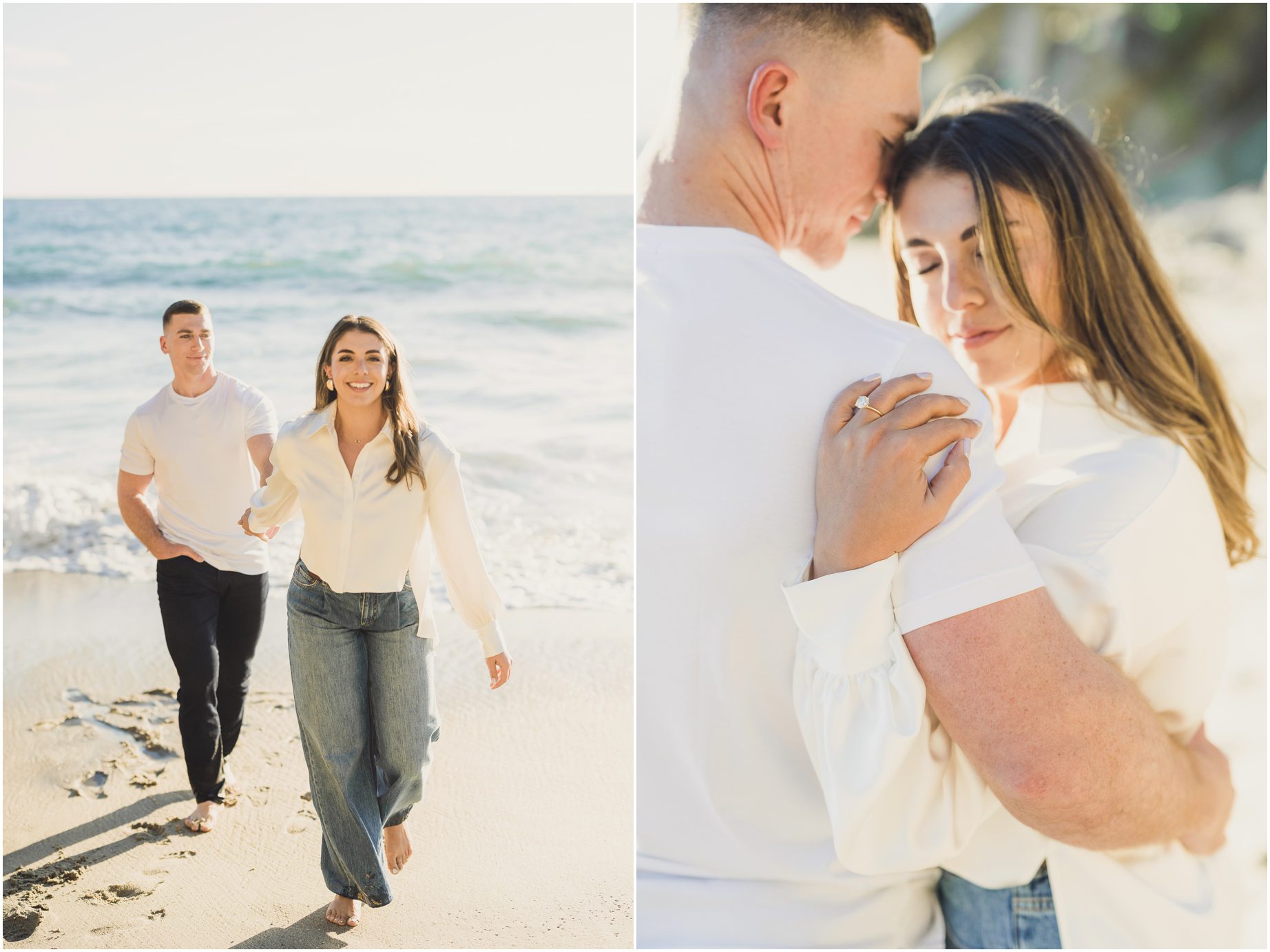 A couple, wearing white poses for dramatic and playful photos in Laguna Beach