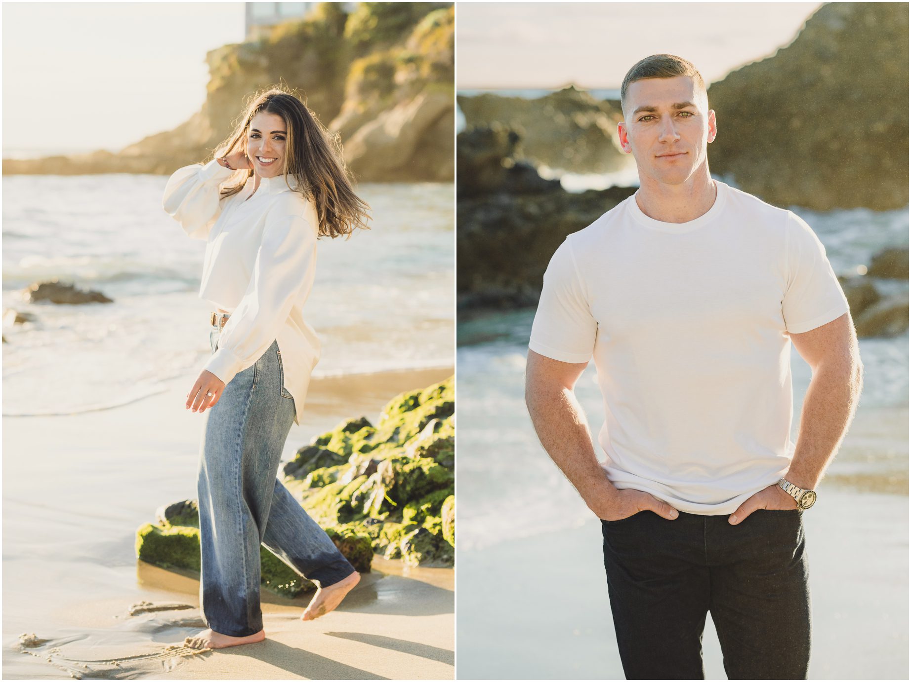 An engaged couple poses for separate photos during their engagement session in Laguna Beach