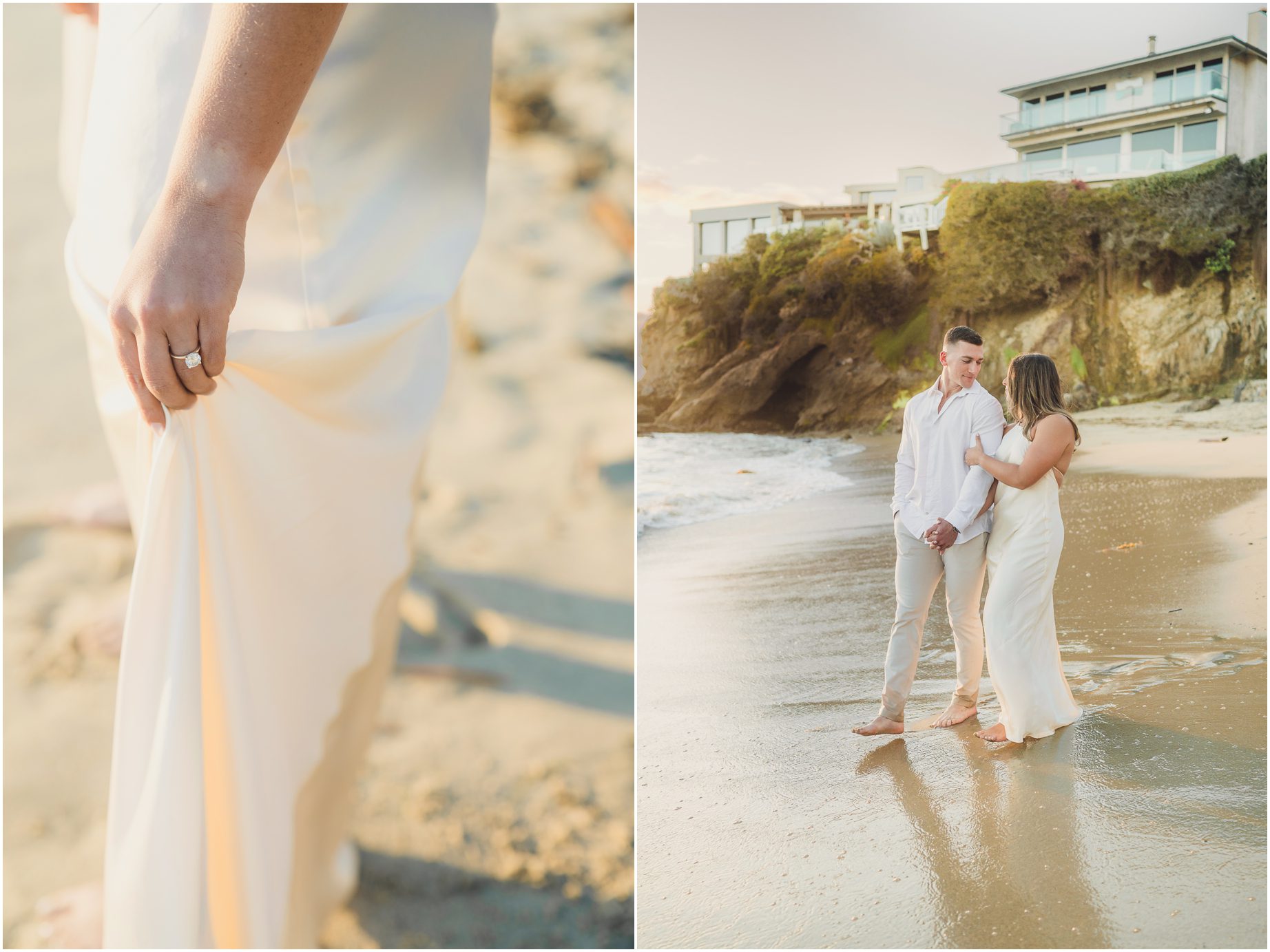 An engagement ring on a woman's finger and a photo of her with her fiancé in Laguna Beach