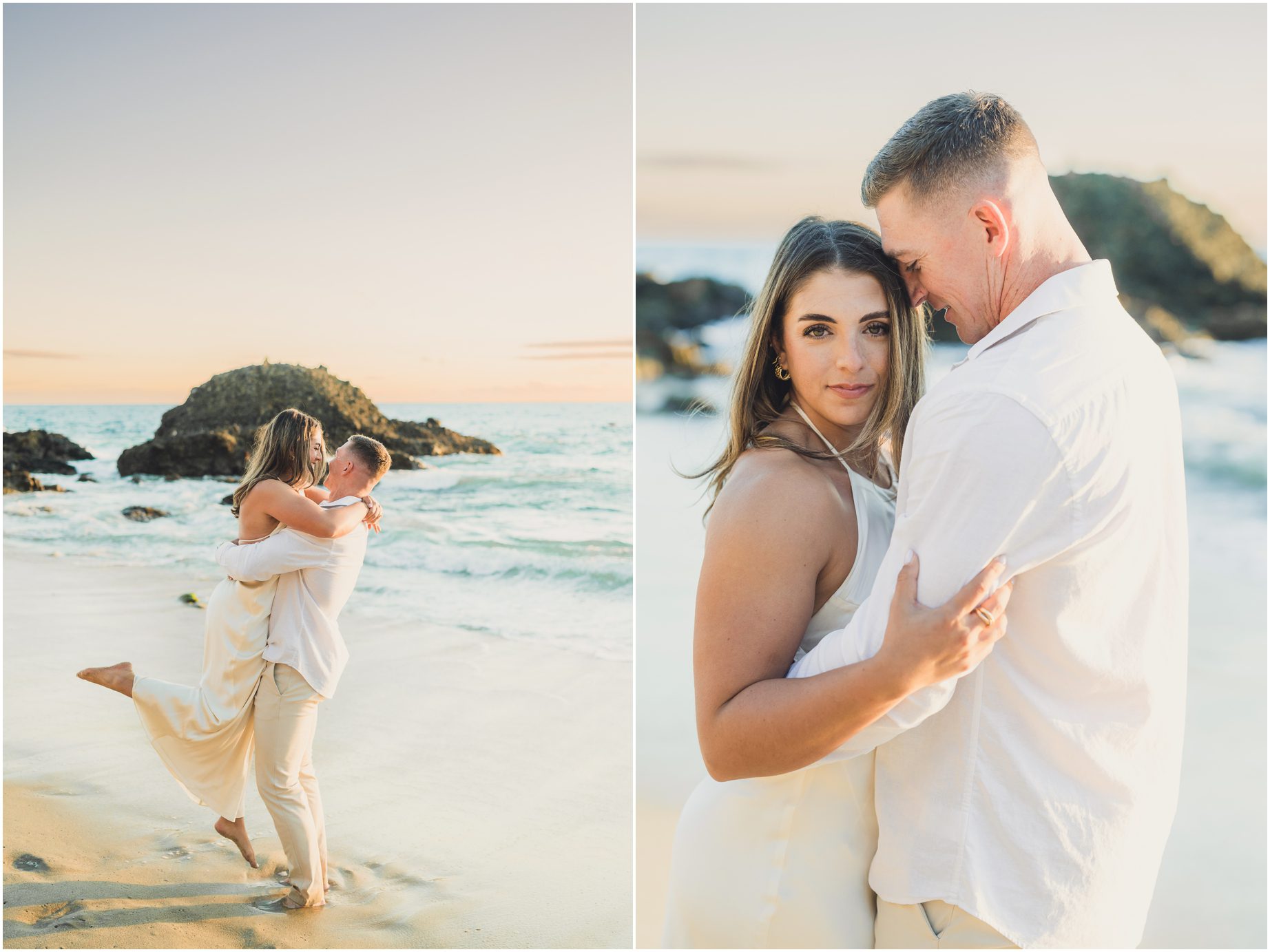 A man lifts a woman and holds her tight during their Laguna Beach Engagement Session at woods cove