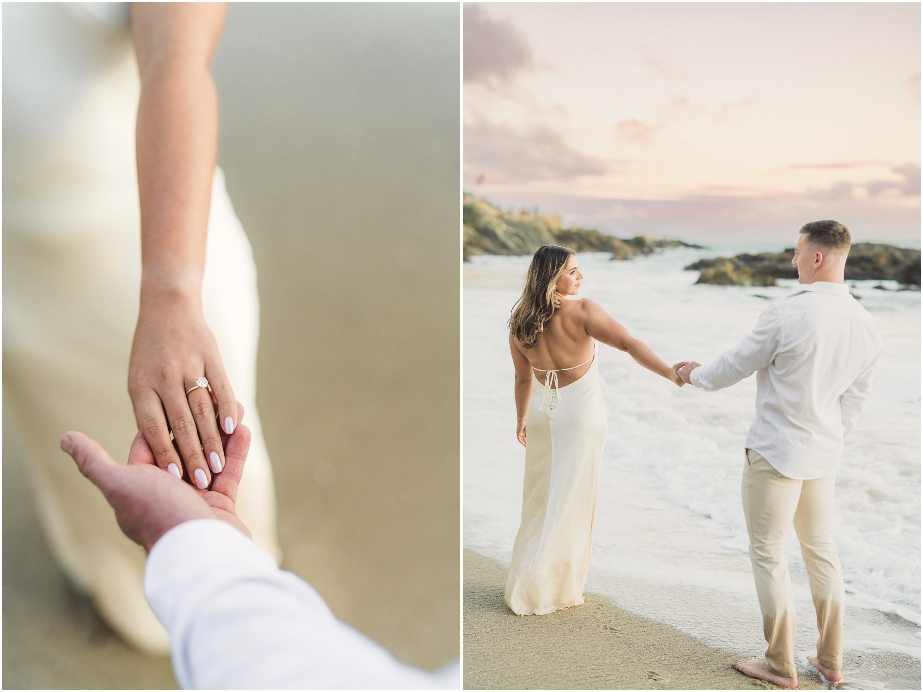 A couple holds hands at sunset during their Laguna Beach engagement session