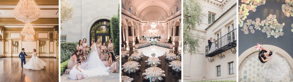 From Left To Right: A bride and groom at Alexandria Ballroom, A bride and her bridesmaids at The Vibiana, A reception setup at the Vibiana, A bride and groom on the balcony at The Ebell of Los Angeles, A bride and groom at the Skirball Center