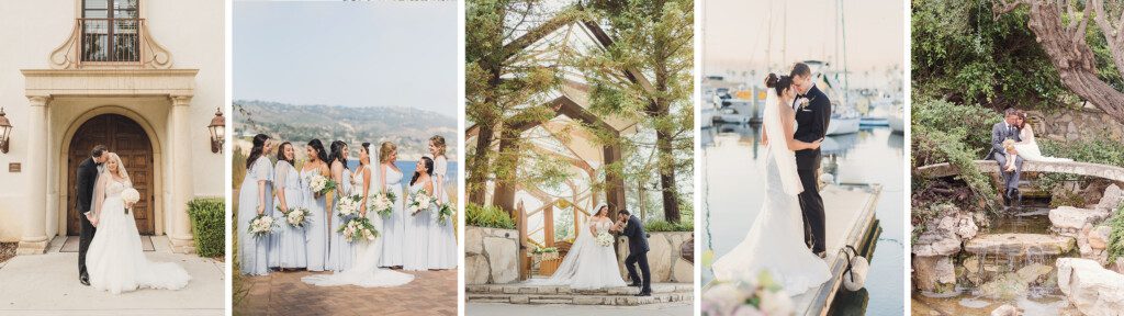 From Left To Right: A bride and Groom at the Palos Verdes Golf Club, A bride and bridesmaids at Terrenea, A bride and Groom at Wayfarers chapel, A bride and groom at the Portofino, a bride and groom at the Neighborhood church