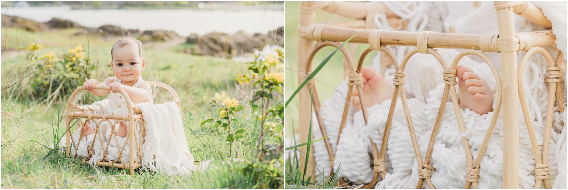 A one year old in a basket with white linen on Elk Rock Island, by a Lake Oswego Family Photographer