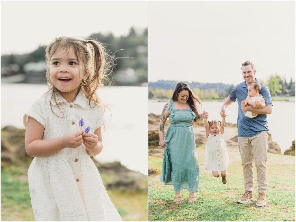 A little girl in white holds a purple flower and her parents swing her During their Family Photoshoot in Lake Oswego