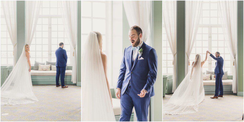 A bride and groom stand near one another during their first look