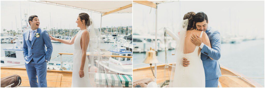 A first look on a boat between a bride and groom in Palos Verdes